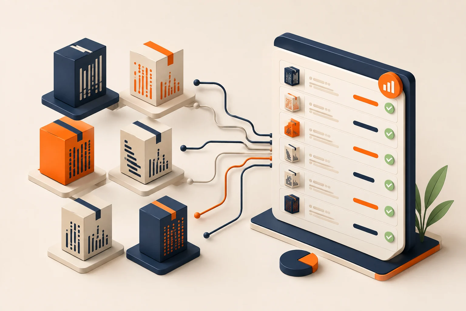Abstract product variants with barcodes and data connections in orange and navy