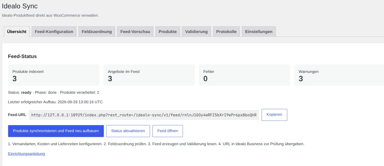 Idealo Sync in WordPress mit Feed-Status, drei Angeboten, Validierung und Feed-URL